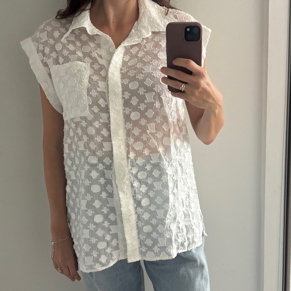 Louis Vuitton White Sheer Lace Button Down Shirt